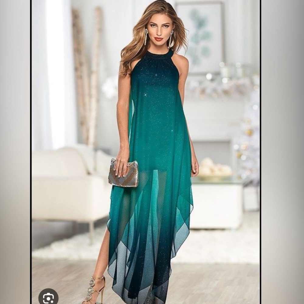 VENUS GREEN SHORT SHEATH DRESS UNDER A GREEN OMBRE FLOWY GLITTER MESH SZ S
